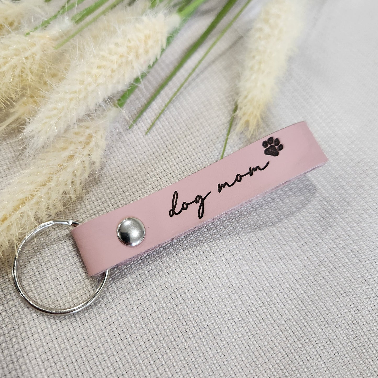 Dog Mom Engraved Leather Keychain
