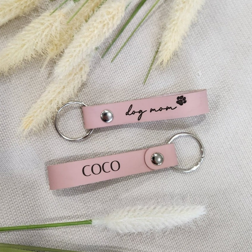 Dog Mom Engraved Leather Keychain
